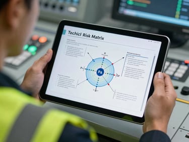 Close-up of a technical risk matrix and P&ID diagram on a tablet screen, held by an engineer wearing high-visibility safety gear inside a modern control room.