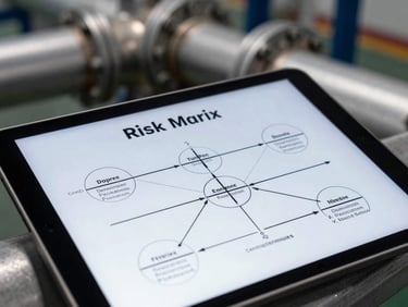 Close-up of a technical risk matrix on a tablet screen, industrial piping in the blurred background, cold high-contrast lighting