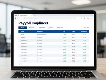 A clean, high-fidelity UI mockup of a payroll compliance report on a laptop screen, showing structured data tables, tax calculations for Egypt and Saudi Arabia, bright office daylight.