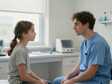 Medium shot inside a bright clinical examination room, a clinician in scrubs sitting at eye level with a teenage patient, natural light from a side window, clean medical equipment visible on the counter, genuine attentive exchange