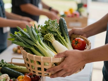 Close-up of hands passing a fresh produce basket at a community food distribution event, natural Pacific Northwest daylight, warm organic tones, shallow depth of field, 35mm.
