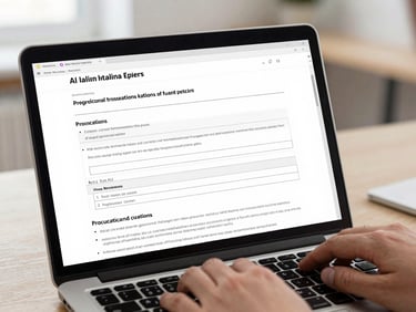 Laptop screen showing an AI-assisted Italian legal expert report draft with procedural section headers and editable text fields, hands resting near keyboard ready to revise, bright even office light, tight framing on the document content