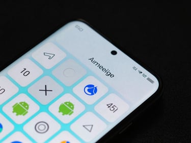 Extreme macro shot of a custom Android launcher interface on a flagship device, showing glowing cyan grid lines and minimalist widgets under dark studio lighting.