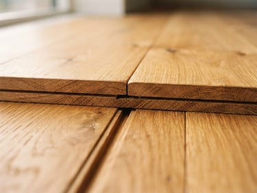 macro detail of raw oak tongue and groove joint, soft side-lit window daylight, rich golden tones, 35mm