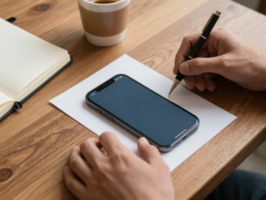Close-up of hands arranging printed phone mockups on a wooden table next to a notebook, north-facing daylight, a half-empty coffee cup visible at the edge of the frame, no faces