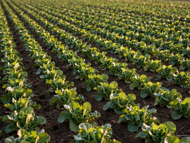 Wide environmental shot of a farm field edge at golden hour, rows of leafy greens receding into the background, no people, warm low-angle light raking across the soil, quiet and still