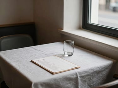 Close-up of a quiet restaurant interior corner — a small table set with linen, a menu card, and a single glass, daylight from a nearby window, no customers, Scandinavian-clean lines, muted warm tones