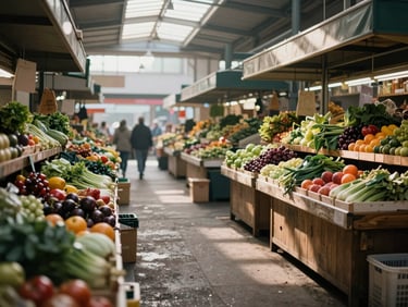 Quiet food market aisle early morning, wooden vendor stalls with produce arranged in rows, diffused daylight from overhead skylights, no customers or staff present