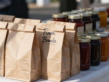 Close-up of a farmers market stall table before opening — a stack of paper bags, a handwritten price sign, jars of preserves in a row, north-facing morning light, no people