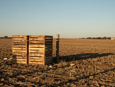 Wide environmental shot of a farm field corner at golden hour, wooden crates stacked near a fence post, long shadows across dry soil, no people in frame