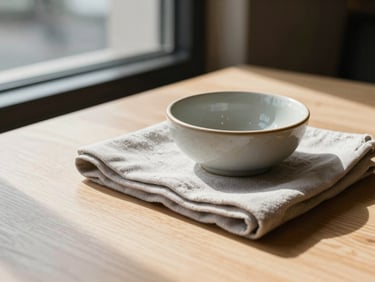 Close-up of a restaurant table corner, a ceramic bowl and folded linen napkin resting on pale wood, north-facing window light casting clean soft shadows, no people