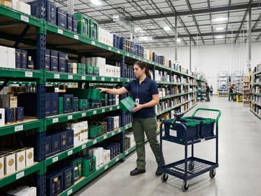 A warehouse worker picks boxes from tall industrial shelves into a cart for distribution center fulfillment.