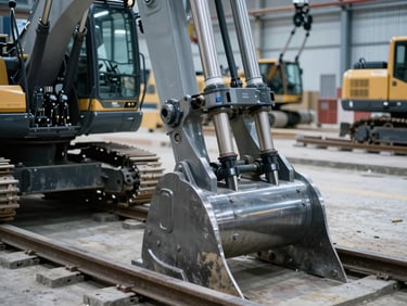 Construction site heavy equipment, close-up on tracks or hydraulic lines, industrial setting.
