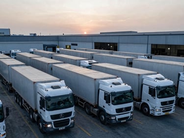 Wide shot of a fleet yard at dawn, heavy trucks parked, industrial setting, cool lighting.