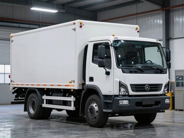 Refuse truck parked in a municipal depot, clean industrial environment, cool lighting.