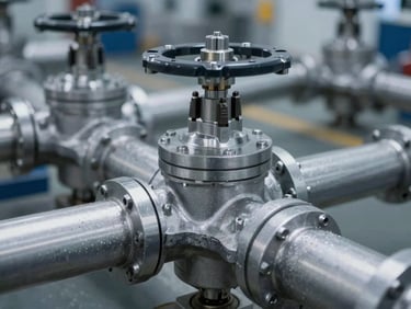 Complex hydraulic valve block with manifold, technical focus, cool lighting.
