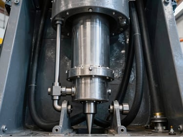 Hydraulic cylinder and hoses for a refuse compactor, sharp industrial detail.