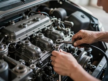 Mechanic's hands working on a truck engine, focus on tools and parts, workshop lighting.