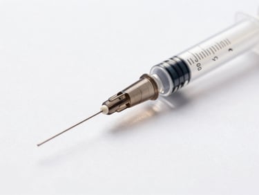 Macro shot of Silk hyaluronic acid syringe, clear gel, minimalist white packaging, bright studio light, sharp refractions
