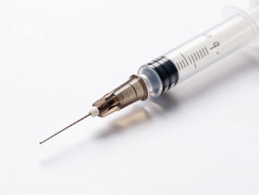 Macro shot of Intense hyaluronic acid syringe, clear gel, minimalist white packaging, bright studio light, sharp refractions