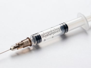 Close-up of a clear syringe with Silk hyaluronic acid, showing fine texture and light refraction, against a clean clinical white surface, high-key lighting