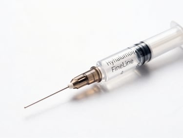 Macro shot of FineLine hyaluronic acid syringe, clear gel, minimalist white packaging, bright studio light, sharp refractions
