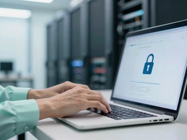 Close-up of hands configuring security software on a laptop, server room in background, bright natural light, soft blue and mint accents, sharp focus, professional editorial style, 35mm