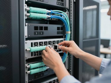 IT professional working on a server rack in a modern office, bright natural light, organized cabling, soft blue and mint accents, sharp focus, professional editorial style, 35mm