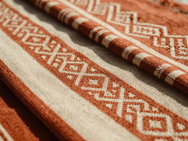 Detailed texture shot of folded Mayan textiles showing rich terracotta and cream weave patterns, warm natural daylight, 35mm film texture.