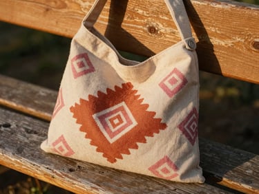 Warm editorial close-up of a handwoven cotton shoulder bag with terracotta and dusty rose geometric patterns, resting on a rustic wooden bench in golden-hour sunlight.