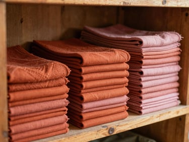 Neatly folded stacks of vibrant terracotta and dusty rose Mayan fabrics inside a warm wooden workshop, soft side lighting highlighting the textile textures