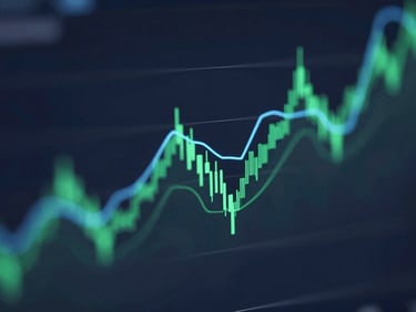 Abstract high-contrast data visualization, glowing blue and emerald green line charts on a deep slate background, clean corporate technical aesthetic.