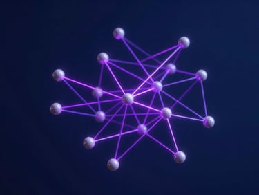 Abstract 3D node network visualization showing career paths branching from academic streams, deep indigo background with glowing electric purple lines.