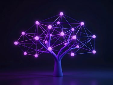 A clean abstract 3D visualization of a decision tree node network, glowing electric violet and deep indigo lines on a dark background, high-fidelity SaaS interface style, cool studio lighting.