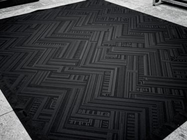 Overhead shot of a complex pattern laid out on black fabric, showing intricate, interlocking shapes, sharp lines, industrial workshop, cold overcast daylight, high contrast, 35mm film, sharp focus.