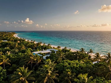 Wide-angle view of a pristine coastal land plot in Riviera Maya, lush green jungle meeting turquoise ocean water