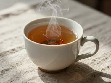 A steaming ceramic mug of herbal tea resting on a textured linen tablecloth, soft morning daylight, macro detail.