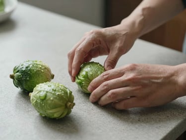 Tactile close-up of hands preparing fresh whole foods on a clean stone counter, soft diffused side lighting.