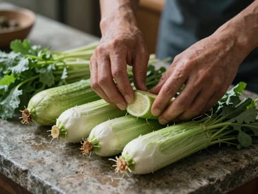 Close-up of hands gently preparing whole organic vegetables on a rustic stone counter, soft natural light, tactile details.