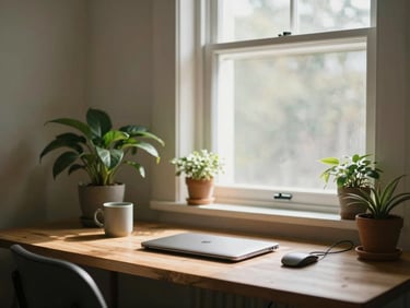 A quiet, sunlit workspace with potted plants on a wooden desk, soft diffused window light, unposed and peaceful.