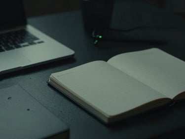 Cinematic close-up of a minimalist workspace with analytical tools and a notebook, low-key dramatic lighting, subtle green accents, 35mm