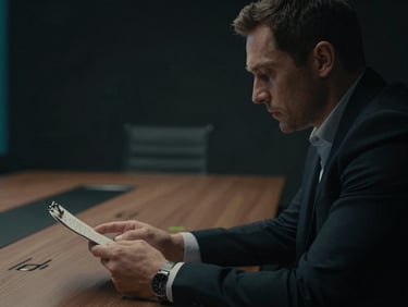 Cinematic medium close-up of a male entrepreneur analyzing strategy in a modern boardroom, low-key side-lighting, dark obsidian tones, 35mm