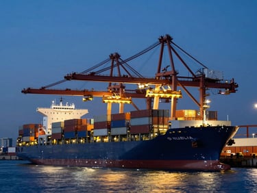 Wide panoramic view of a modern shipping port at twilight, heavy cargo cranes loading containers onto a massive vessel, deep blue and amber lighting accents, cinematic scale.
