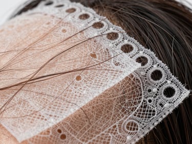 Macro shot of a delicate, medical-grade lace base with individually hand-knotted natural human hair strands, showing impeccable craftsmanship.