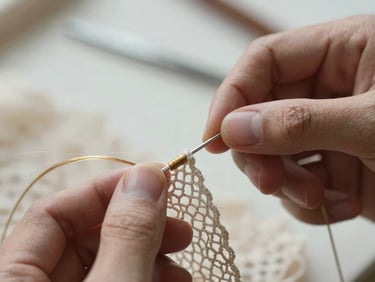 Macro close-up of meticulous hand-knotting craftsmanship, a master artisan threading individual strands of natural hair into a delicate, breathable lace base, soft diffused northern light.