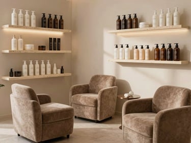 A serene private consultation suite at Cutstar, featuring plush taupe seating, warm minimalist stone shelves holding premium hair care bottles, bathed in soft, indirect daylight.