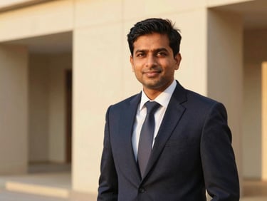 Professional portrait of a male NRI advisory director, clean architectural background, warm golden hour lighting