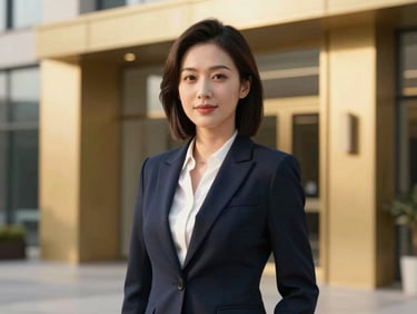 Professional portrait of a female investment advisor, modern corporate background with golden accents, soft natural light