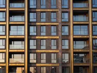 Symmetric architectural shot of a luxury modern residential building facade with brass and dark stone cladding, warm golden-hour sunset reflecting in the glass windows