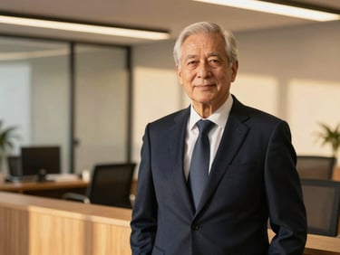 Professional portrait of a senior legal advisor in a dark navy suit, clean corporate office background, warm lighting